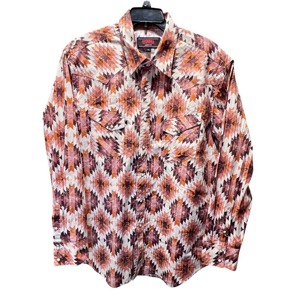 Rock & Roll Denim Western Shirt XL Southwest Aztec Print Long Sleeve Rodeo Top